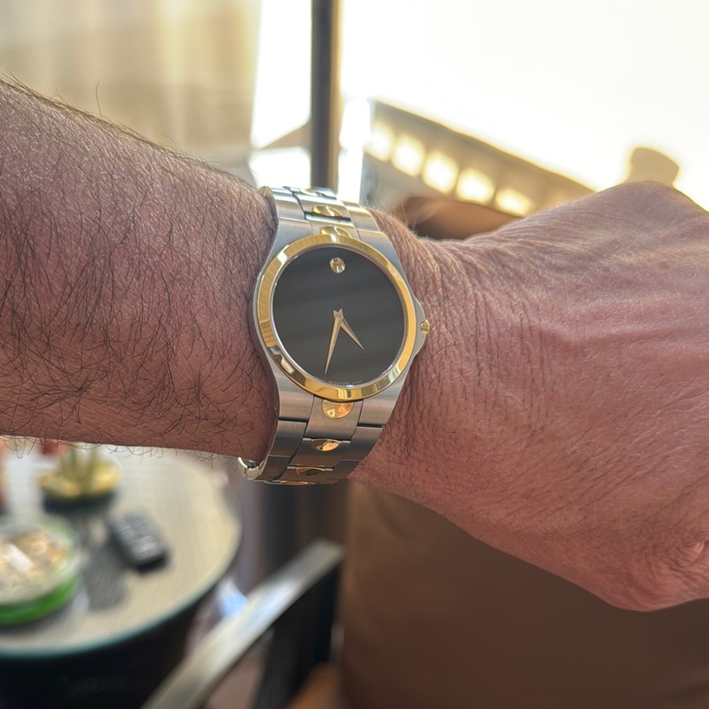 Authentic Movodo Men's Silver and Gold Watch with Black Dial & Diamond